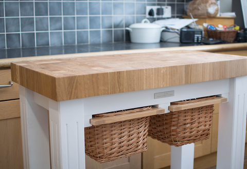 In Kitchen Butcher Block Worktop Table Aruba Grande Butcher Block Table with Wicker Baskets
