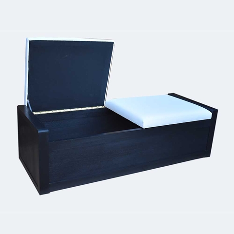 black oak storage bench with cushion opened